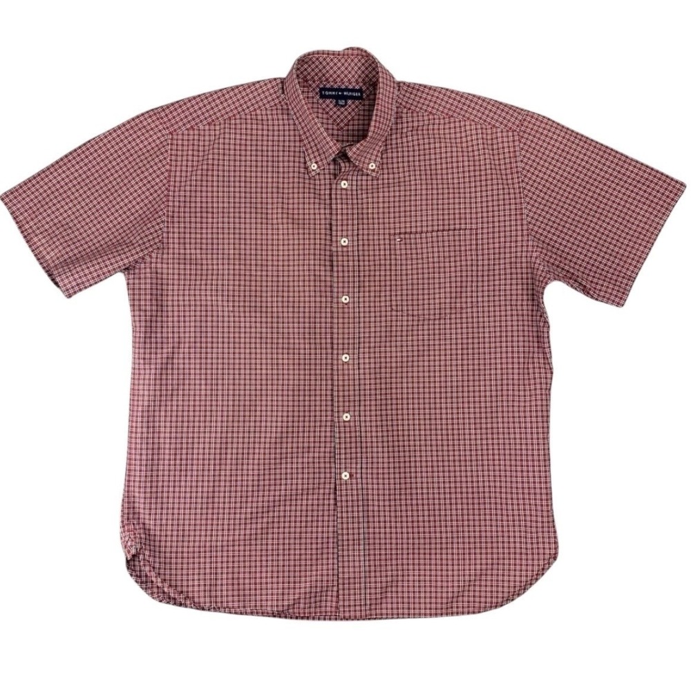 Tommy Hilfiger Red Blue Plaid Checkered Shirt Men's XL Button Down Short Sleeve